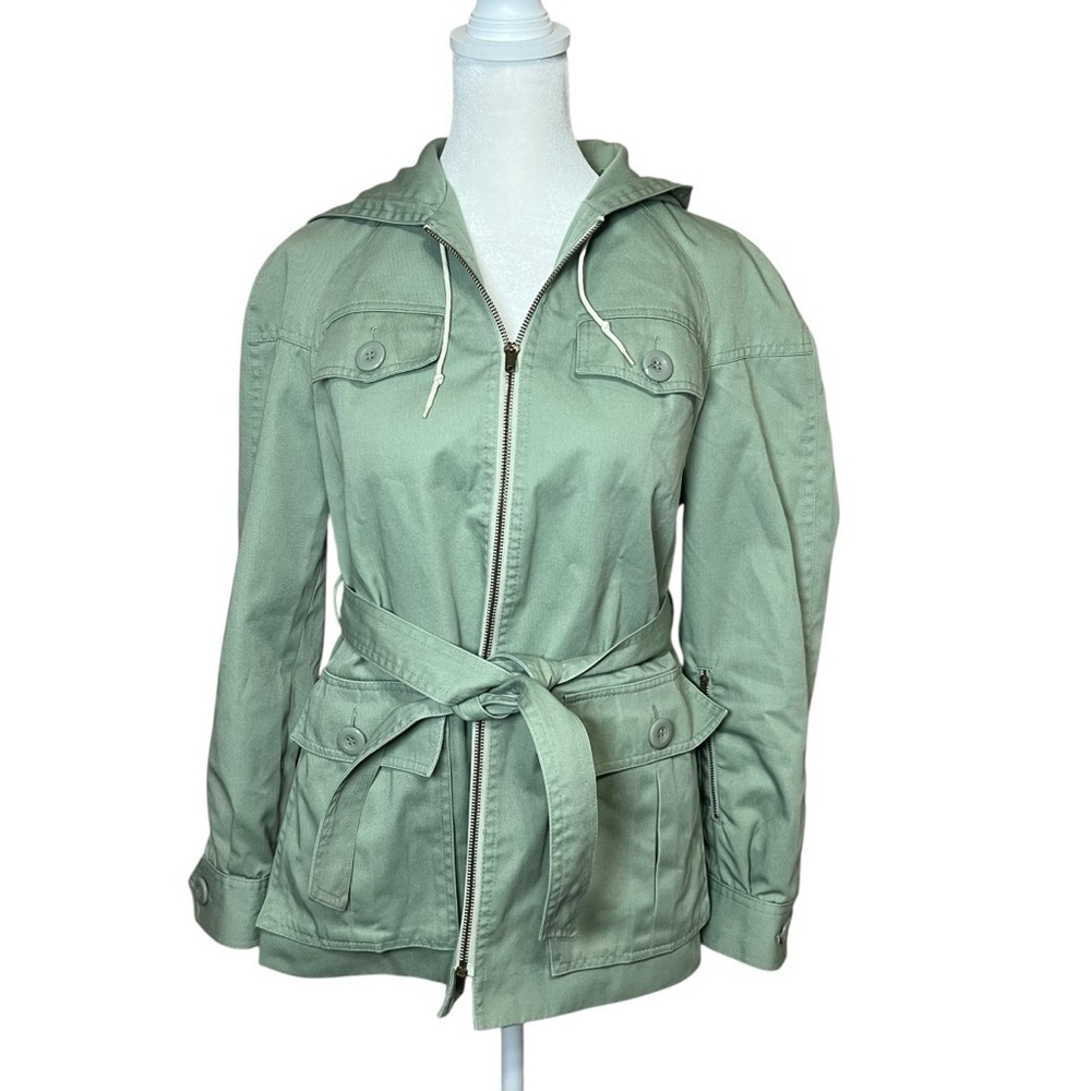 VTG 70s Montgomery Ward Utility Jacket Women Sz Small Green Hood Belt Safari 80s - Picture 13 of 15